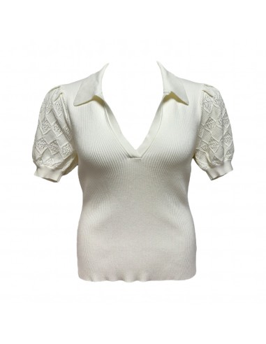 Pointelle Puff Sleeve Polo Top Designer By Milly In White, Size: L en linge